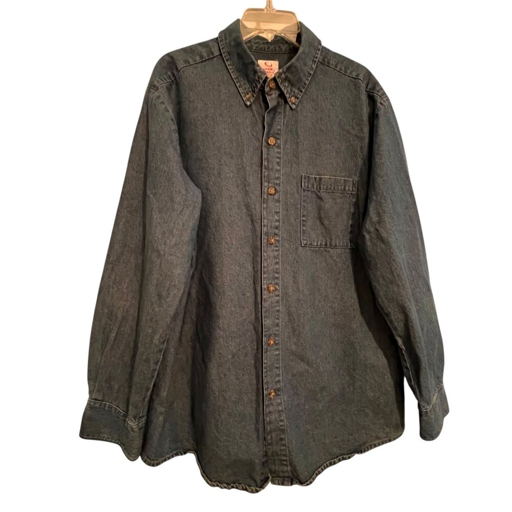 Vintage Open Trails Denim Shirt Chest Pocket Button Cuffs Button Up Classic Lg - Picture 2 of 12